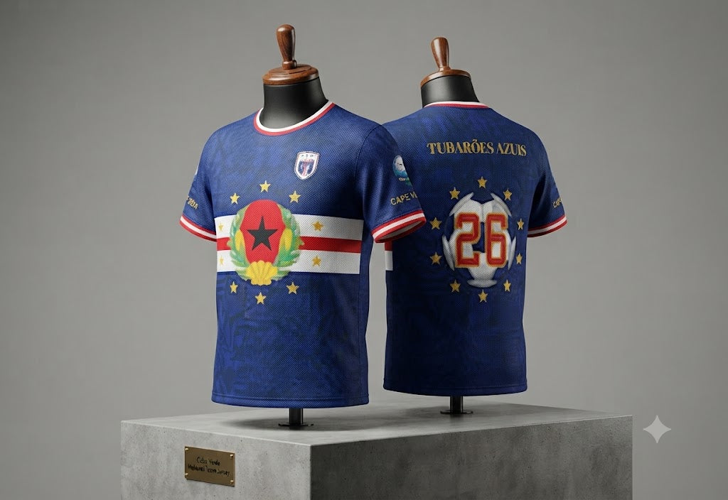 Cape Verde Tubarões Azuis #26 heritage soccer jersey 3D flat lay mock — front Cape Verde coat of arms and back World Cup 2026 limited edition