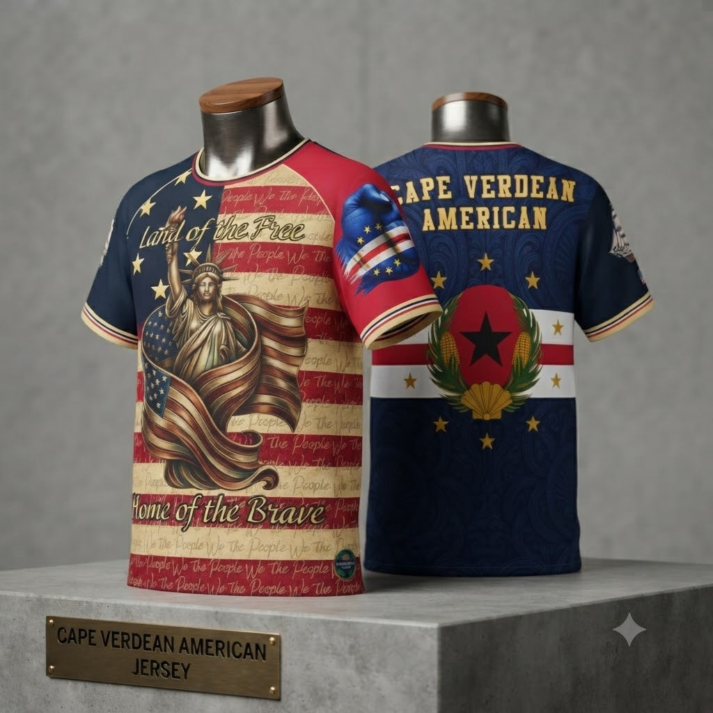 Cape Verdean American heritage jersey 3D flat lay mock — The Union Forged front Statue of Liberty Land of the Free and back Cape Verdean American limited edition