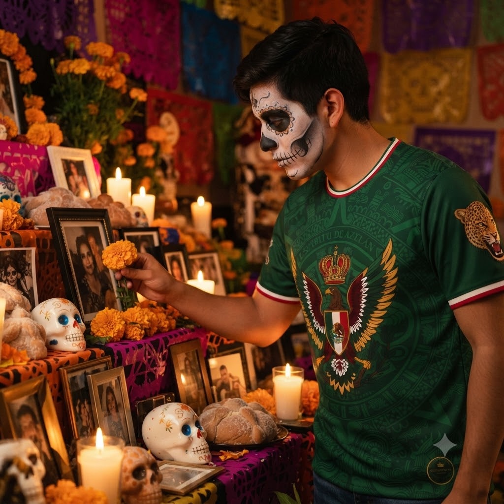Espíritu de Aztlán Mexico heritage jersey back — Día de la Virgen de Guadalupe candlelight pilgrims Basilica