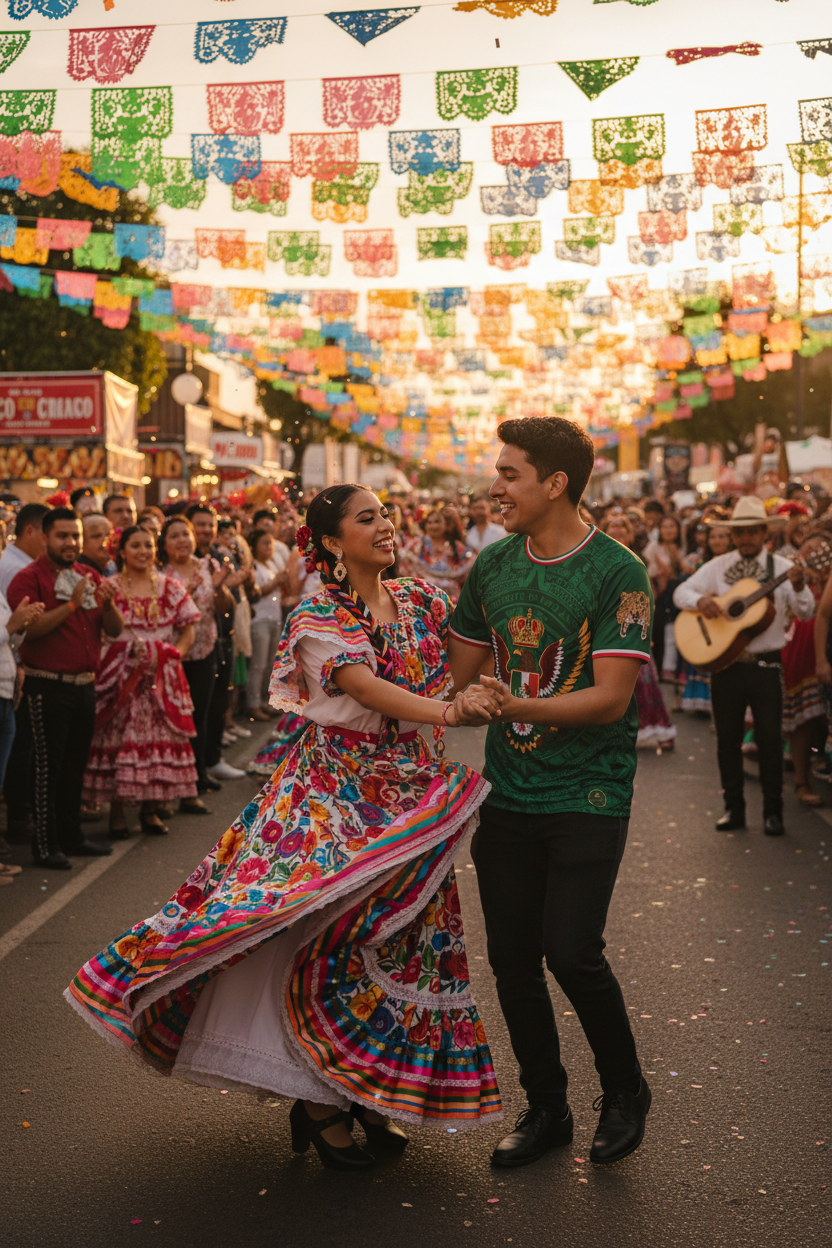 Espíritu de Aztlán Mexico heritage jersey — Cinco de Mayo street festival couple dancing folklórico golden sunset