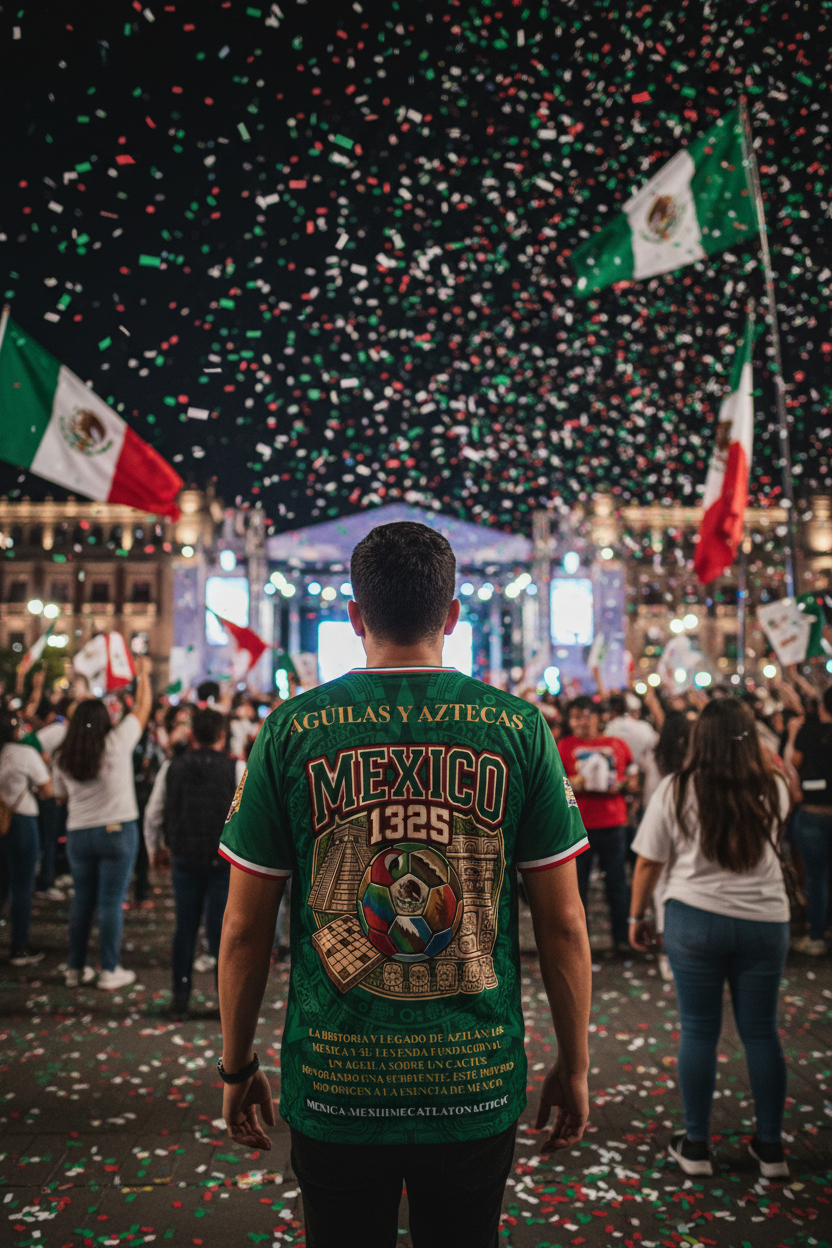 Espíritu de Aztlán Mexico heritage jersey — Cinco de Mayo street festival folklórico dance papel picado banners