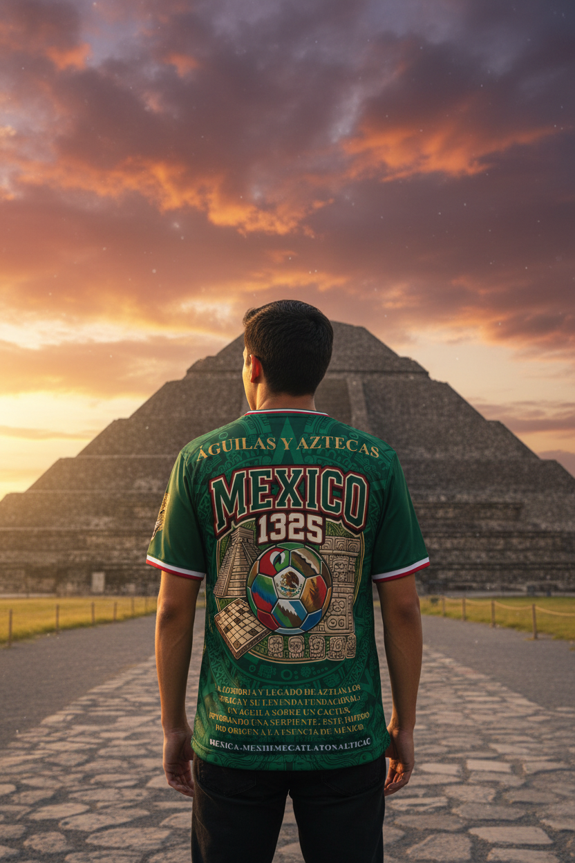 Espíritu de Aztlán Mexico heritage jersey back — Teotihuacan pyramids golden hour dramatic sky ancestral heritage