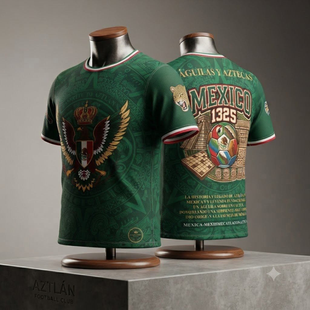 Espíritu de Aztlán Mexico heritage jersey 3D flat lay mock — front crowned eagle and back Águilas y Aztecas México 1325
