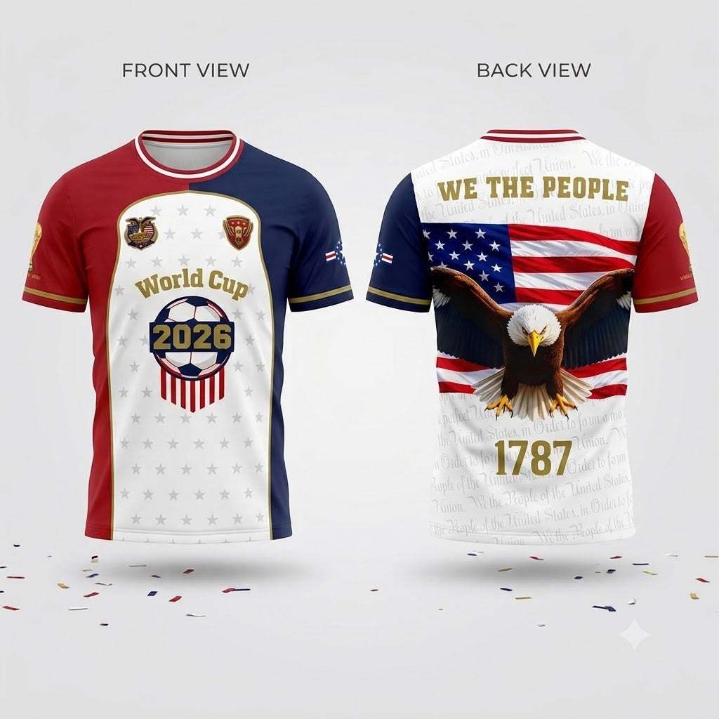 USA Eagle We The People Jersey — Front and Back 3D mockup showing eagle, 1787, and 250th Anniversary patch