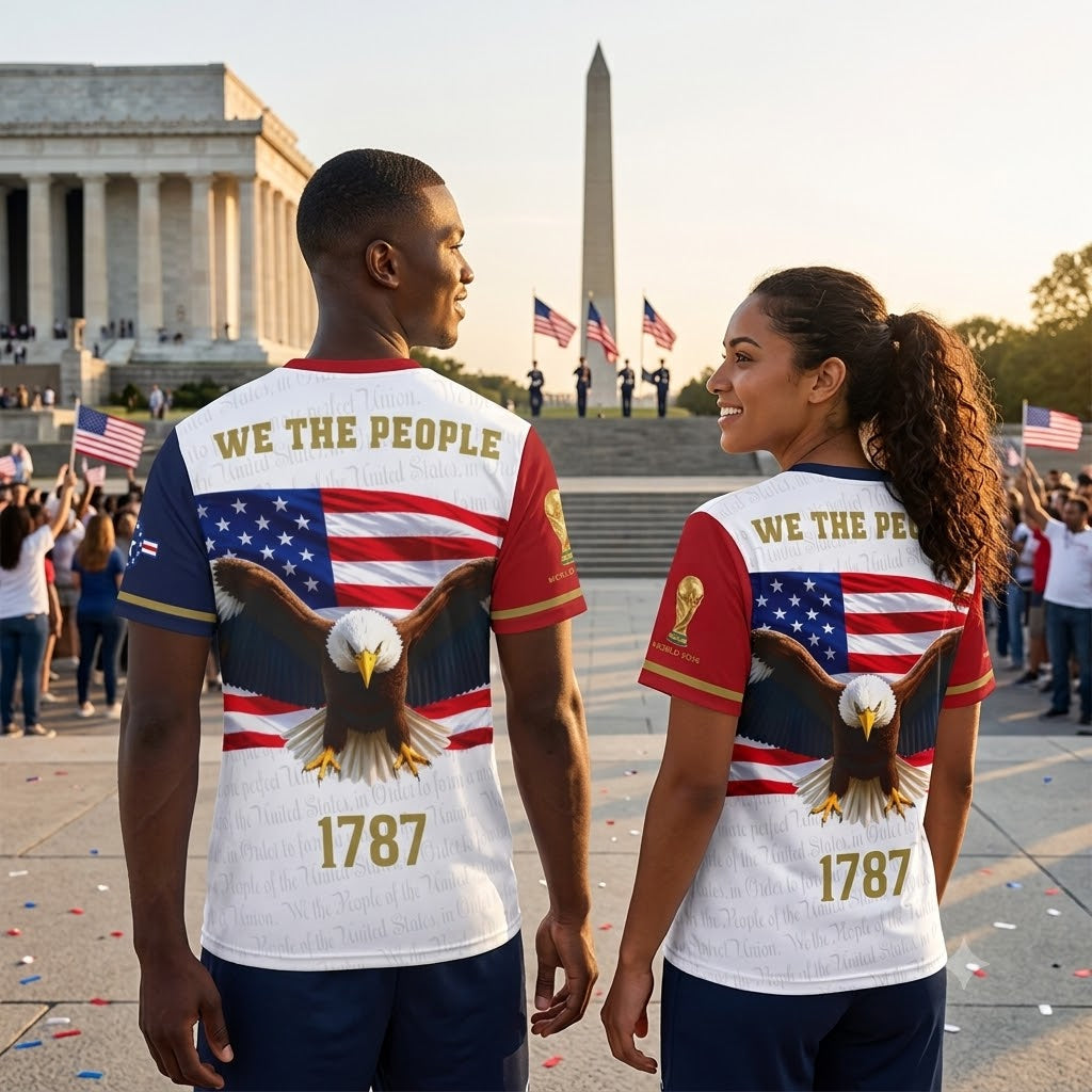 USA Eagle We The People World Cup 2026 Jersey — couple at Washington Monument on Independence Day