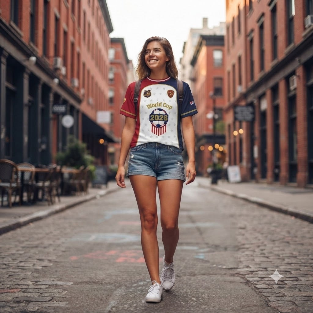 USA We The People World Cup 2026 Jersey — woman walking cobblestone street NYC