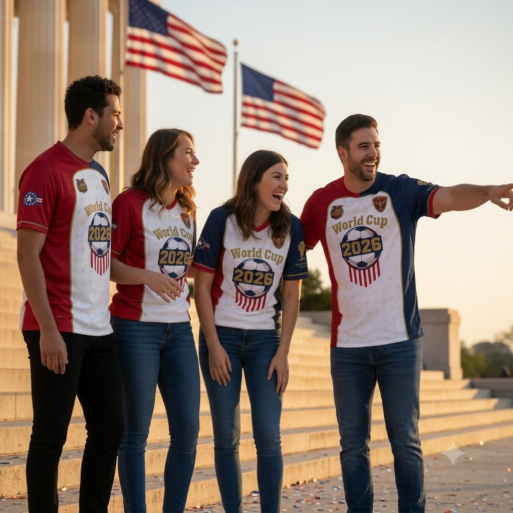 USA We The People World Cup 2026 Jersey — group at Lincoln Memorial with American flags