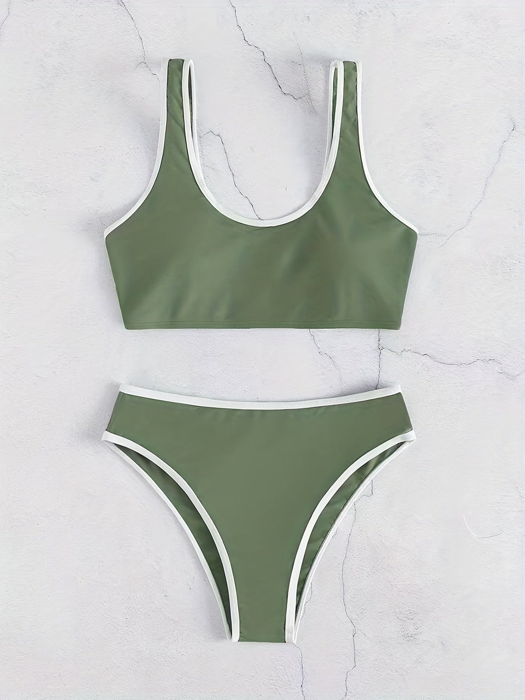 Bikini Scoop Neck Contrast Trim 2 Piece Swimsuit for Women – High Stretch Casual Bikini Set with Scallop Edge Detail and Matching Swim Briefs – Stylish Solid Color Swimwear for Beach Days Pool Lounging and Summer Vacations