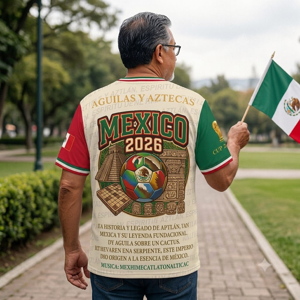 Águilas y Aztecas World Cup 2026 Mexico Jersey - back view park mockup